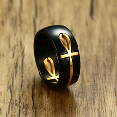 Men's Stainless Steel Black Gold Cross Ring