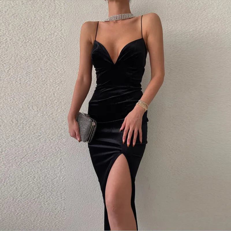 Women's Gold Velvet Strap Dress