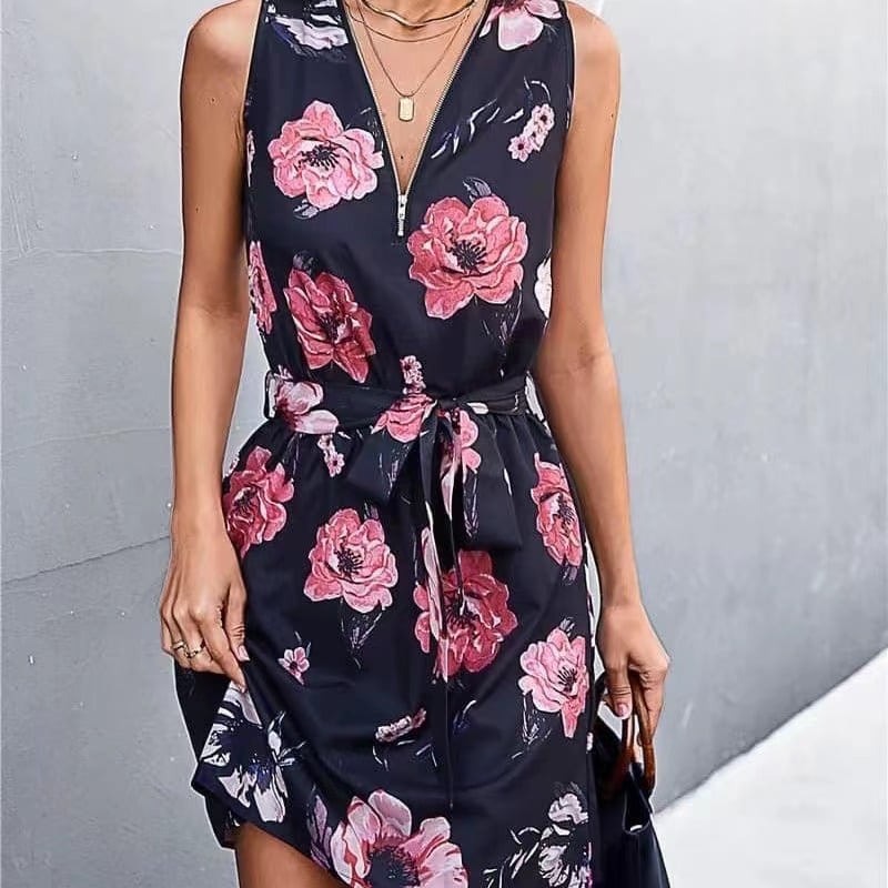 V-neck Zip-neck Dress for Women in Spring and Summer